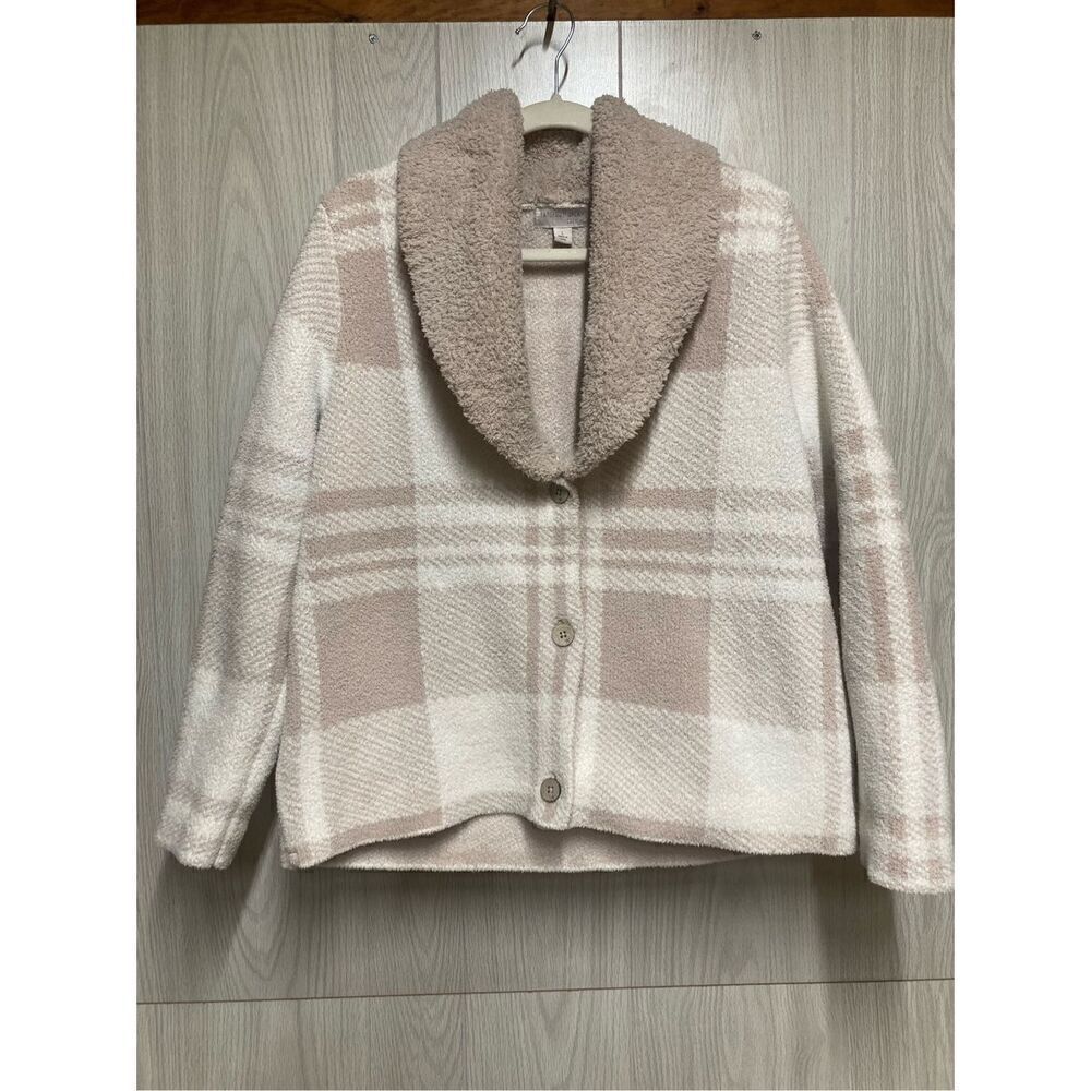 Barefoot Dreams Cozy Chic Cardigan Sweater Women’s XL Tan/White